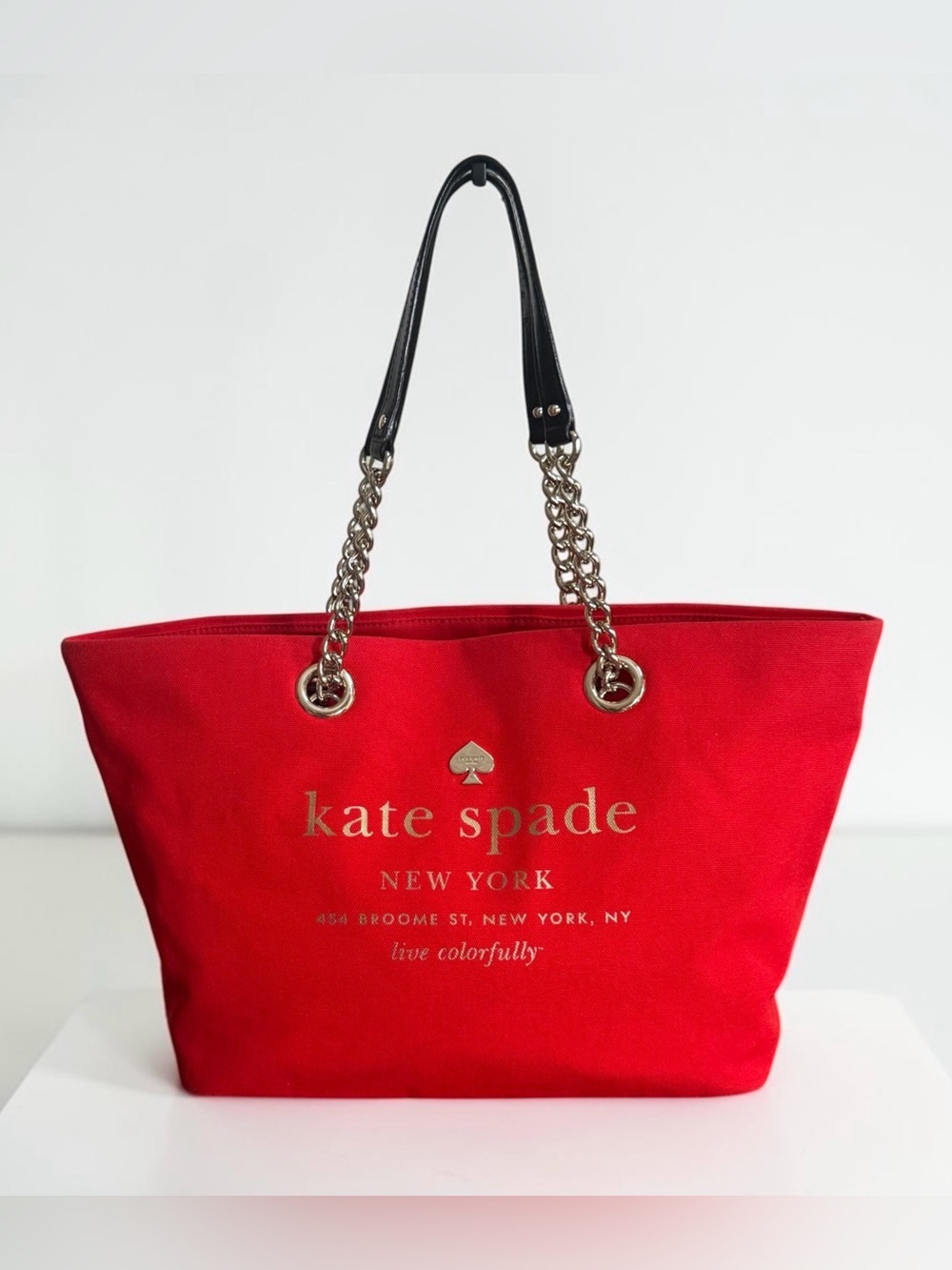Kate Spade New York Live Colorfully Red Canvas Chain Tote Shoulder Bag